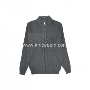 Men's Knitted Woven Patchwork Full Zip Pocket Cardigan